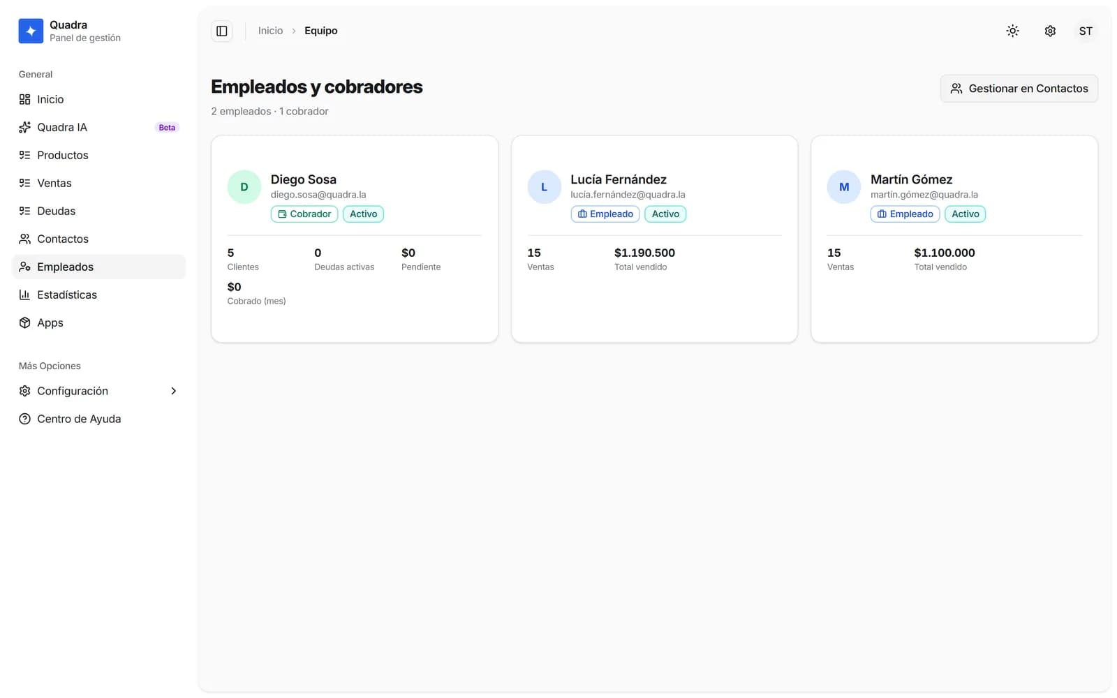 Panel de equipo de Quadra con empleados y cobradores, ventas y cobros por miembro