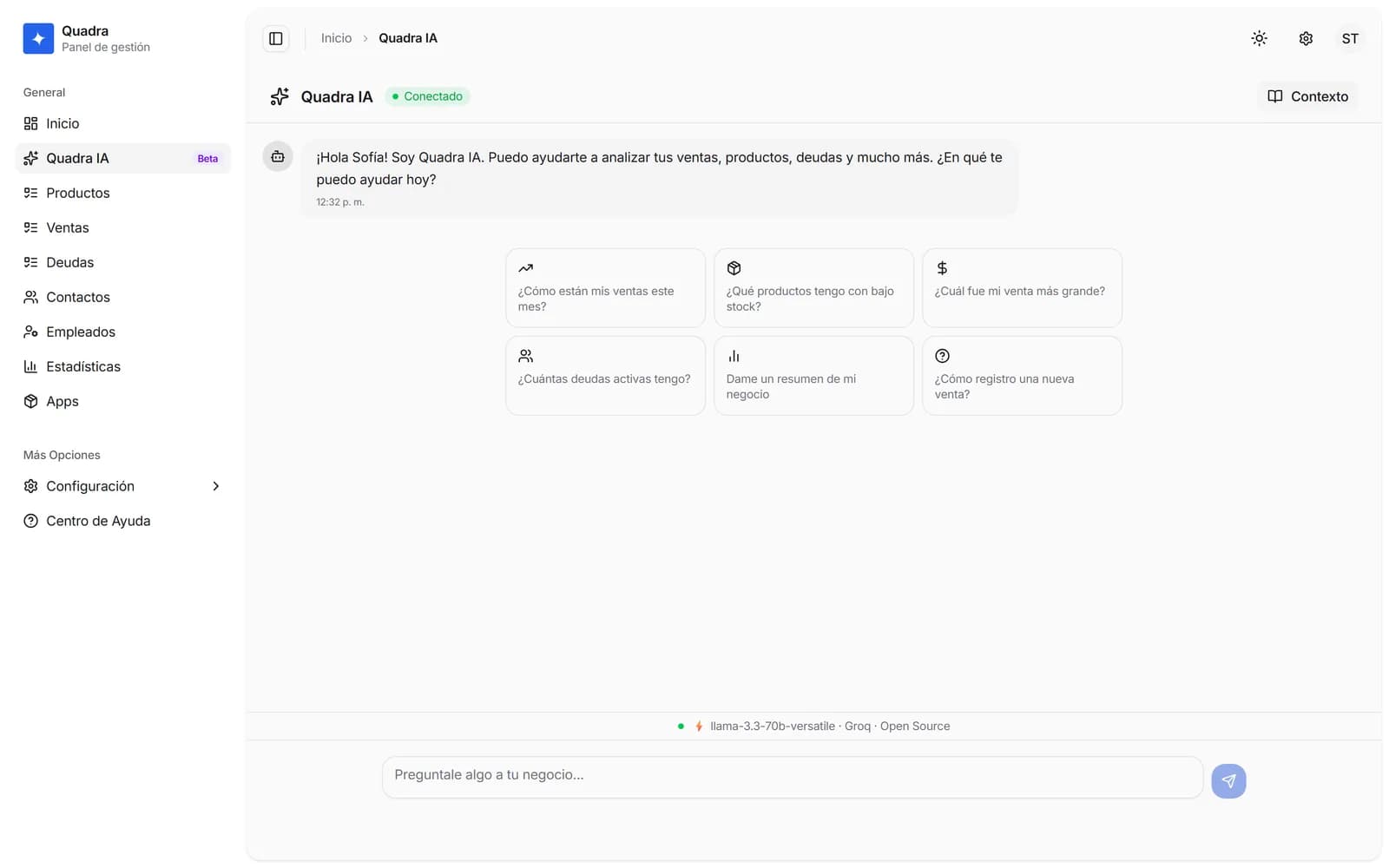 Quadra IA: chat que responde sobre ventas, productos y deudas del negocio