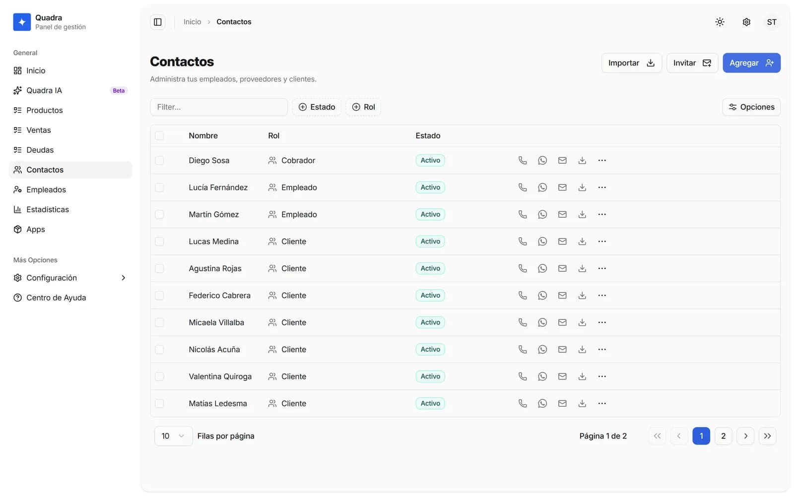 Agenda de contactos de Quadra con clientes, proveedores y equipo