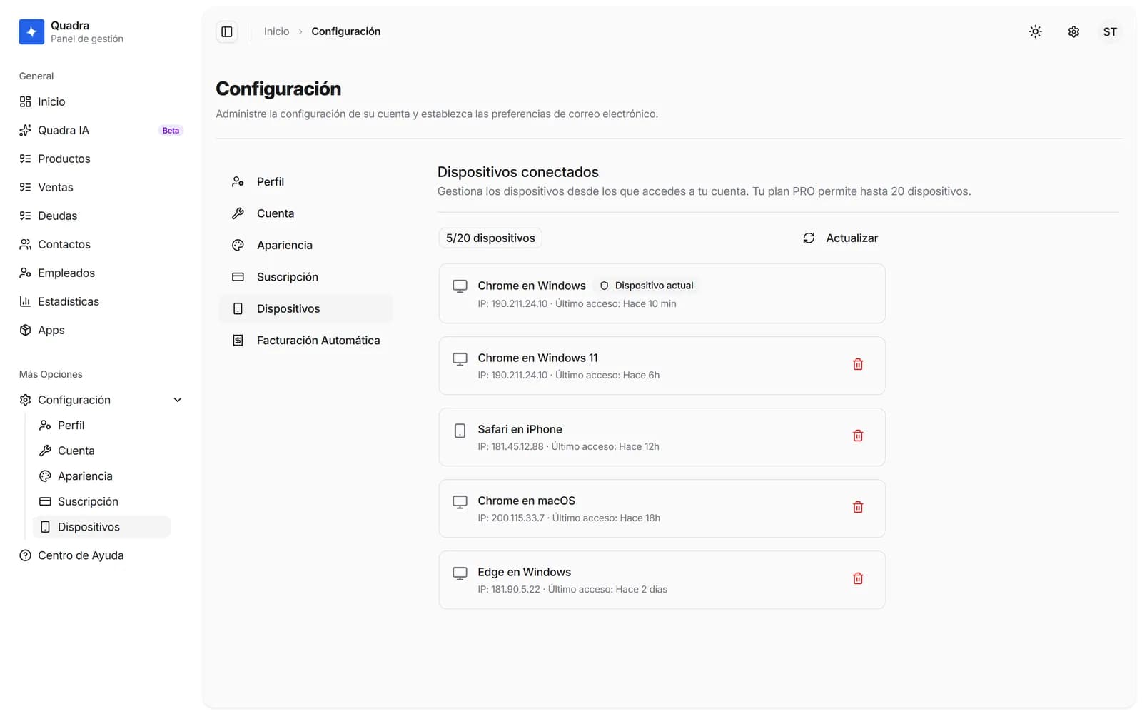 Gestión de dispositivos conectados en Quadra desde Configuración