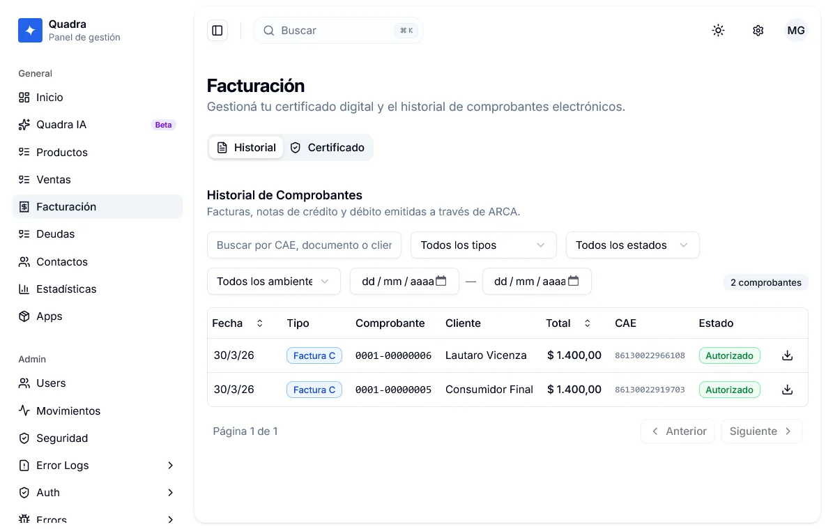 Facturación electrónica con ARCA (AFIP) desde Quadra